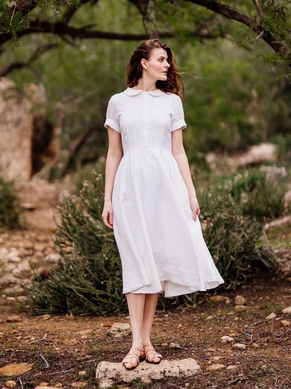 Son de Flor Classic Linen Dress White Magnolia Short Length Size Large